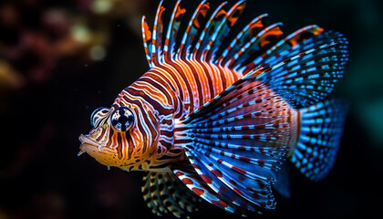 Sticker - A vibrant striped lionfish swims in the colorful underwater reef generated by AI