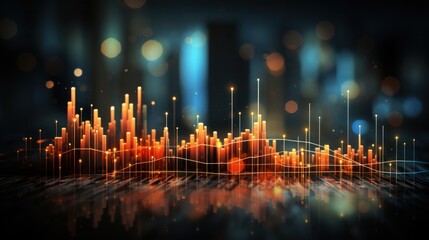 Poster - finance, graph, investment, chart, background, economy, financial, growth, money, stock. foreground has financial trends solid and bar chart, orange and blue line graphs in city visualizing pulsing.