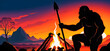 Silhouette of a cave man with a spear in front of a firebon during sunset. Flat illustration style. Prehistoric landscape in banner format.