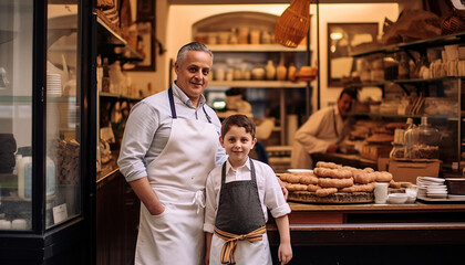 A smiling adult male owner standing in a small food store generated by AI