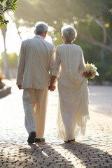 wedding portrait of happy older couple walking in sunshine, from behind back angle full length walking