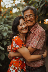 portrait of happy older asian couple in love hugging, outdoor photos