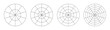 Wheel of life graph templates. Simple coaching tool for visualizing all areas of life. Polar grids with segments and concentric circles. Circle diagrams of life style balance. Blank polar graph paper.