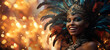 Brazilian carnival and festival. A joyful Black woman in a vibrant carnival costume with feathers and sparkling makeup.
