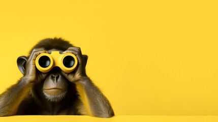 Wall Mural - A cheerful monkey looks through binoculars on a yellow background