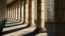 Stone Pillars Colonnade Background With Sunlight And Long Shadows From Columns.