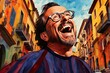 Colorful painting of a man with glasses and a happy face