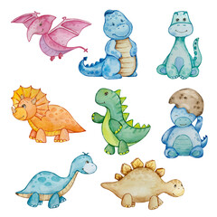 Watercolor cute baby dinosaurs set