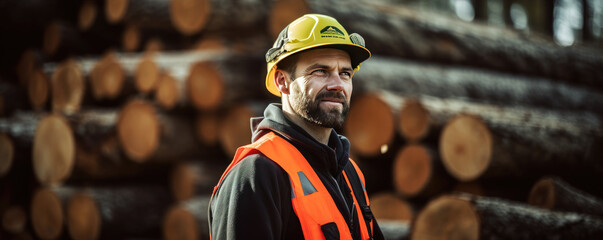 Lumberjack  standing in front of wood pile in forest. Logger man