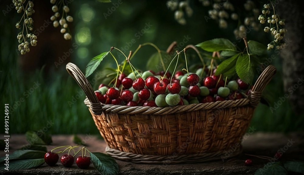 Freshly picked cherries in a stray basket arranged beautifully placed in a natural backdrop. An organic shot - AI Generative