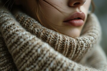 A close up macro detail of a woman wearing wool sweater, neutral colors, quiet luxury