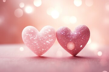 Poster - Two hearts on a pink background with glitters and bokeh of light