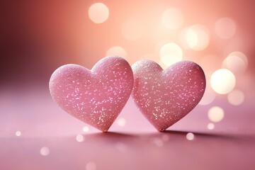 Poster - Two hearts on a pink background with glitters and bokeh of light