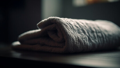 Poster - Soft fluffy towels stacked on table in modern bathroom design generated by AI