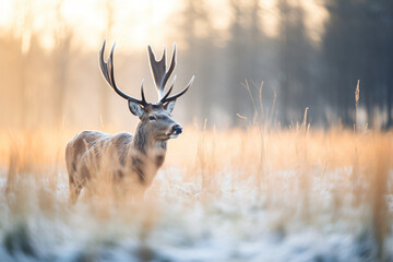 Wall Mural - Deer gracefully roam through the serene forest and open field on a tranquil winter day