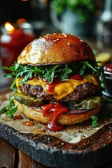 Close-up of home made tasty burger on wooden table