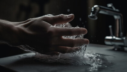 Poster - Clean hands pouring fresh water for healthy kitchen preparation indoors generated by AI