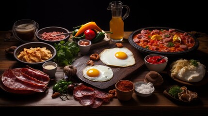 Wall Mural - spanish breakfast on wooden table, studio lighting, food photography, 16:9