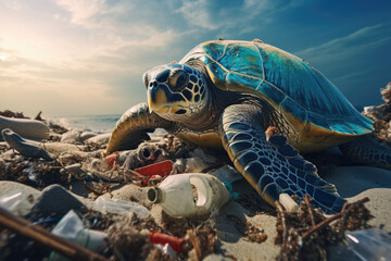 sea turtle on the beach with garbage, plastic waste, Environmental pollution