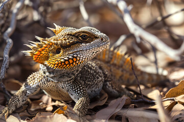 A frilled-neck lizard in the Northern Territory, displaying its frill in a defensive posture amid dry brush