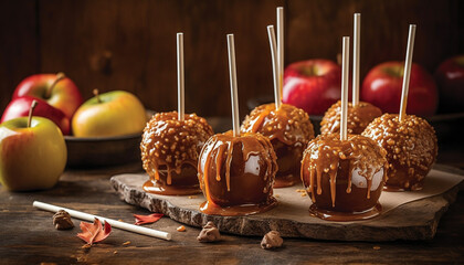 Poster - Indulgent gourmet dessert chocolate dipped caramel apple on rustic wooden table generated by AI