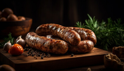 Poster - Grilled pork, beef, and bratwurst on a rustic wooden plate generated by AI