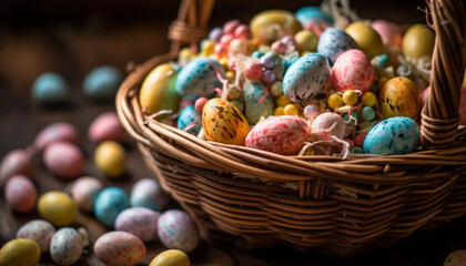 Canvas Print - A colorful basket of handmade Easter eggs symbolizes tradition and celebration generated by AI