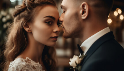 Wall Mural - Young couple embracing, smiling, in love, celebrating their beautiful wedding generated by AI