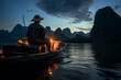 Asian fishermen fishing in lake in evening. Generative AI