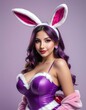 Beautiful asian woman wearing bunny costume on purple background with copy space