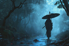 Illustration Of A Female Ninja Carrying An Umbrella Into The Forest