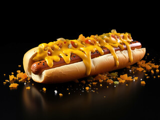 Wall Mural - Bun fast frankfurter food background bread hotdog meat mustard dinner lunch snack sausage unhealthy