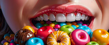A Person's Mouth Full Of Candy And Chocolate. 
Close Up Of Woman's Mouth, Generative Ai
