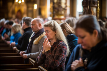 Prying woman in church with other people. Generative AI