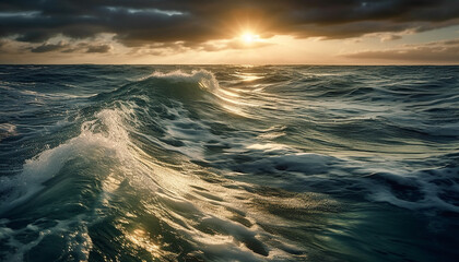 Wall Mural - Sunset over the ocean, waves crashing, nature beauty in motion generated by AI