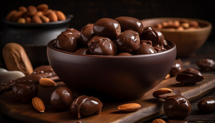 Wall Mural - A close up of a gourmet dark chocolate dessert in a wooden bowl generated by AI
