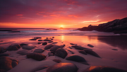 Wall Mural - Sunset over the tranquil coastline, nature beauty reflected in water generated by AI