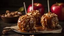 Indulgent gourmet dessert chocolate dipped caramel apple with crunchy pecan generated by AI