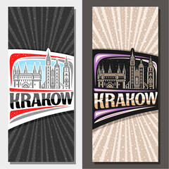 Vector vertical layouts for Krakow, decorative leaflet with line illustration of european krakow city scape on day and dusk sky background, art design tourist card with unique letters for word krakow