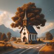 A small chapel standing at a crossroads, in the style of traditional landscapes.