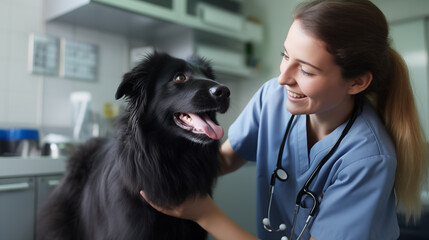 A cute longhair black dog is being treated by a female veterinarian in an animal hospital. A close-up realistic picture of a pet in healthcare center.