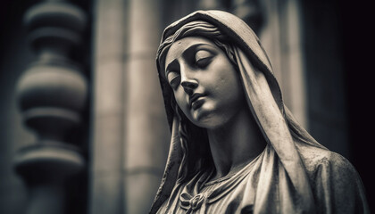 Poster - A serene woman prays at a famous Gothic style outdoor monument generated by AI