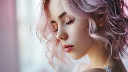 Wall Mural - Beautiful girl with hair coloring in ultra blond. Stylish hairstyle done in a beauty salon. Fashion, cosmetics and makeup