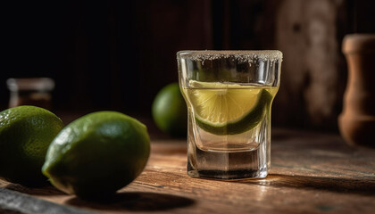 Wall Mural - Fresh lime slice on wooden table, refreshing citrus cocktail drink generated by AI