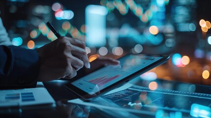 Poster - business colleagues working and analyzing financial figures on a digital tablet,
