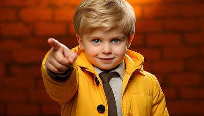 Poster - Smiling Caucasian boy playing outdoors, looking at camera with joy generated by AI