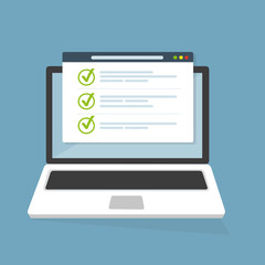 Fototapete - Finestra del browser dell'elenco di controllo. Segno di spunta. Segno di spunta bianco sullo schermo del laptop. Scelta, concetti di indagine. Elementi per banner web, siti web, infografiche. Design