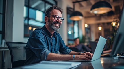 Poster - businessman using laptop computer in office. happy middle aged man, entrepreneur, small business own