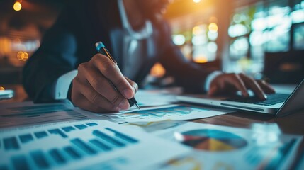 Poster - businessman work on computer and cellphone consider financial diagrams graphs. male ceo or employee 