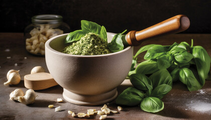 Poster - Freshness and healthy eating in a bowl of homemade vegetarian pasta generated by AI